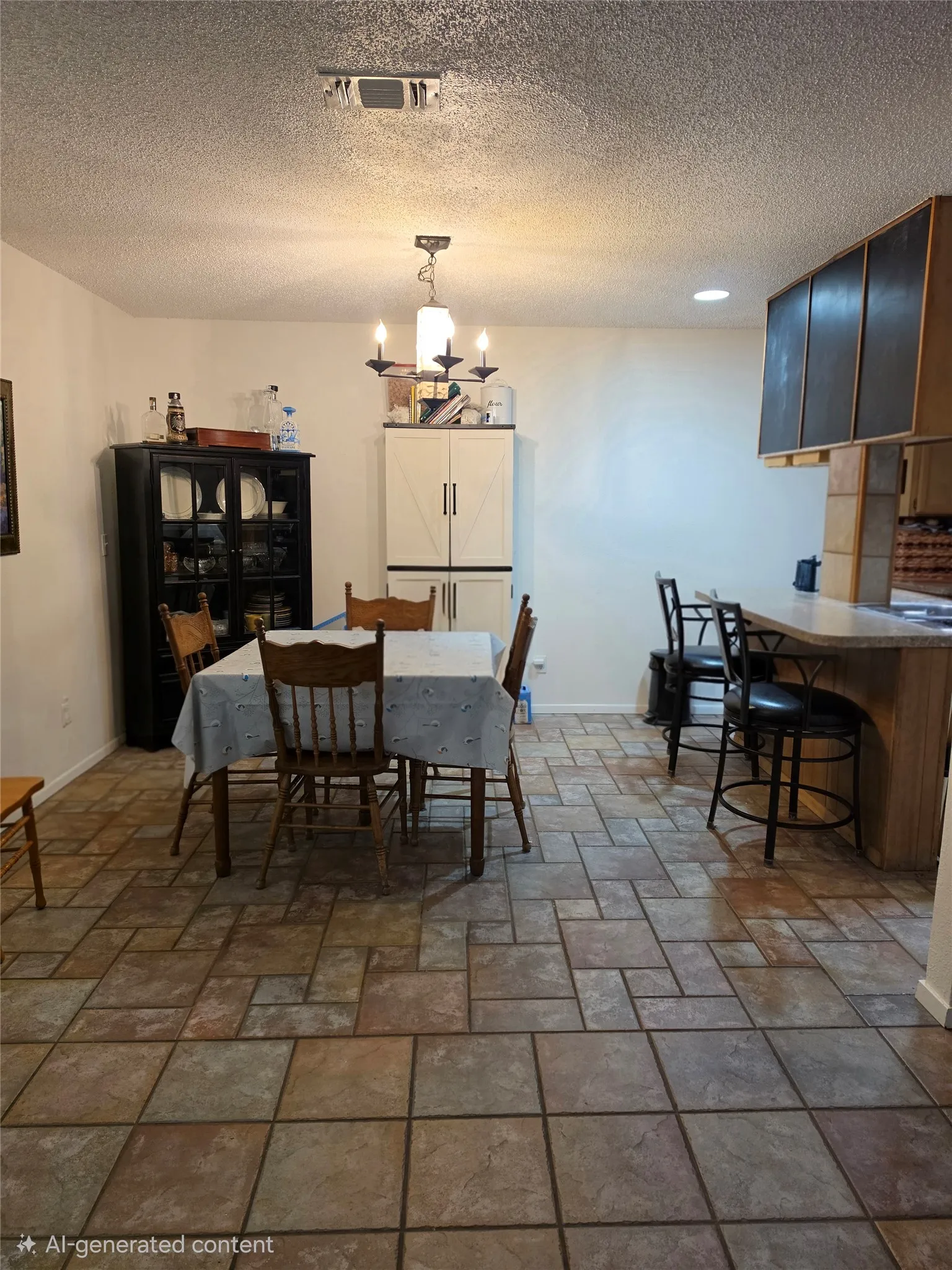 Spacious room featuring patterned tile flooring, a breakfast bar with seating, a ceiling-mounted light fixture, and recessed lighting