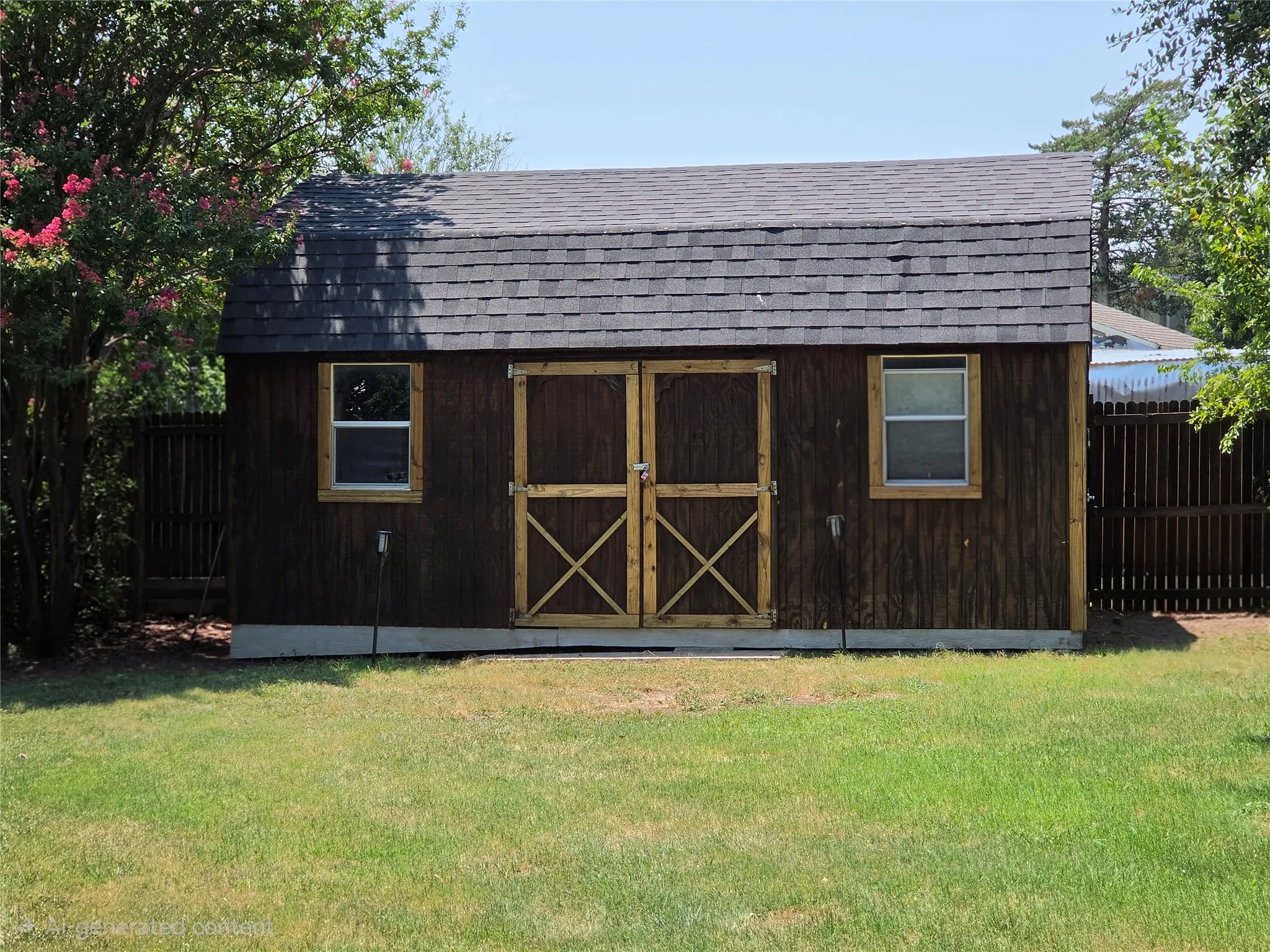 Backyard storage shed featuring a gambrel roof and dark wood-finish siding