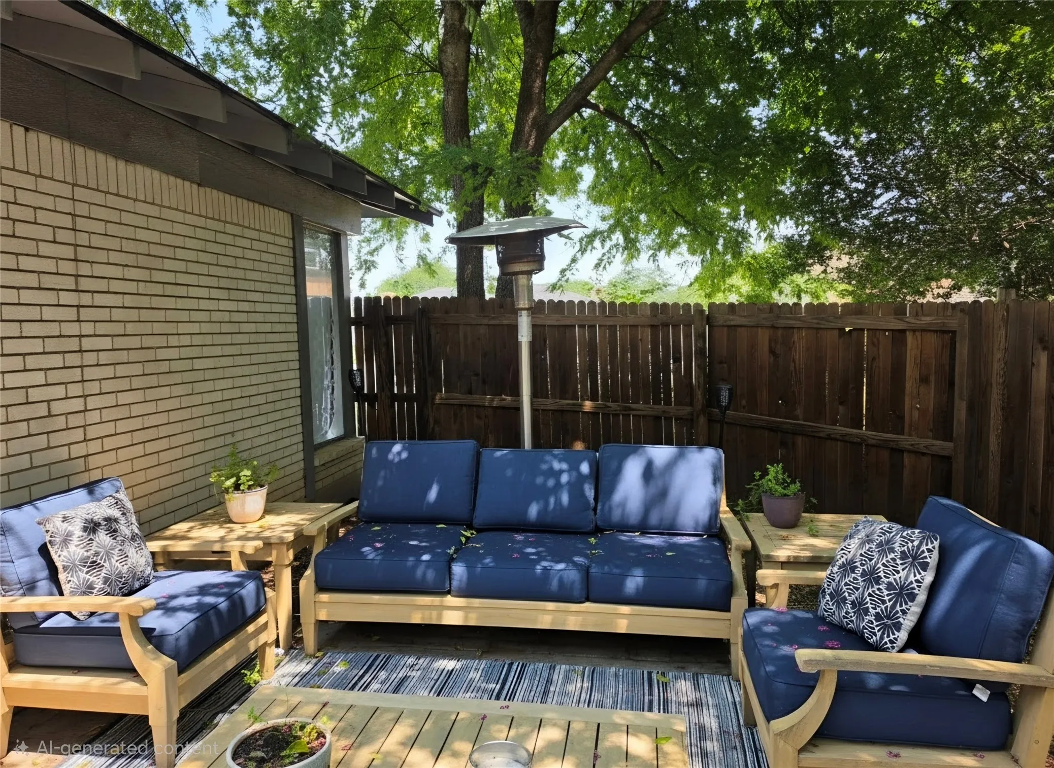 Patio space featuring a wood-finish fence, light brick exterior, and mature tree canopy