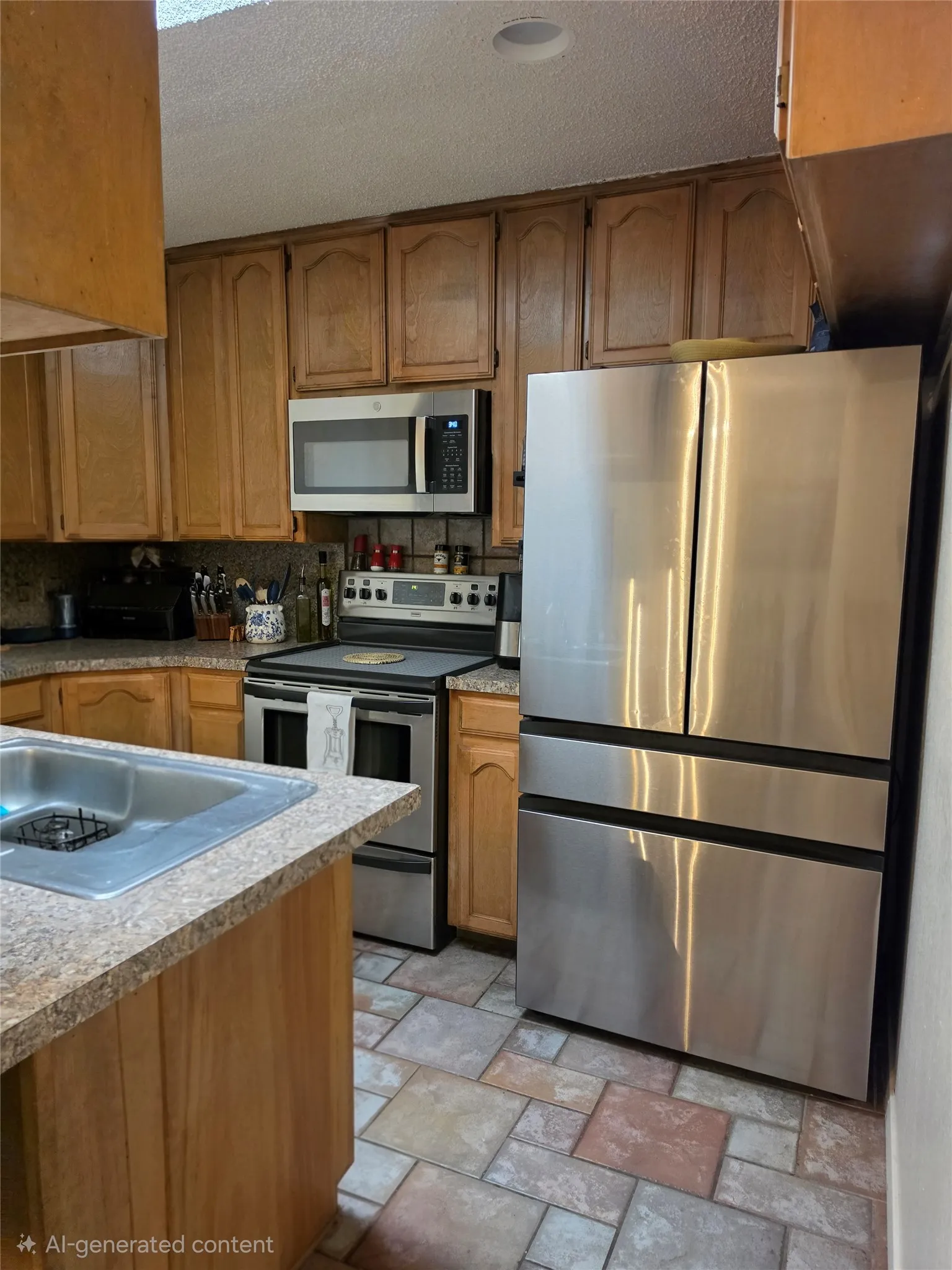Kitchen featuring wood cabinetry, stainless steel appliances including a refrigerator and range, a built-in microwave, and patterned tile flooring