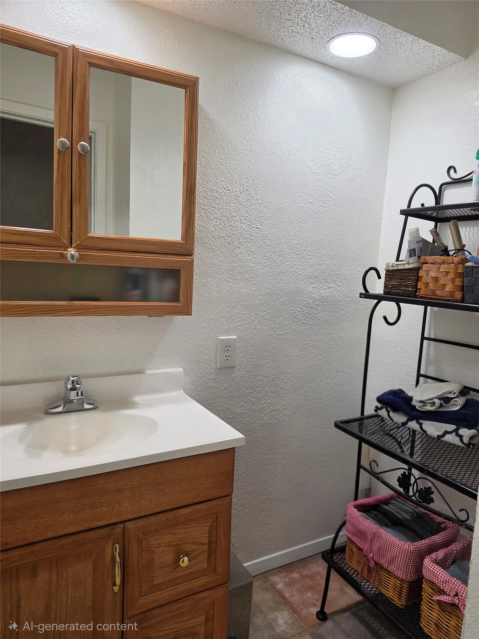 Bathroom vanity featuring a light wood-finish cabinet with a white countertop and integrated sink