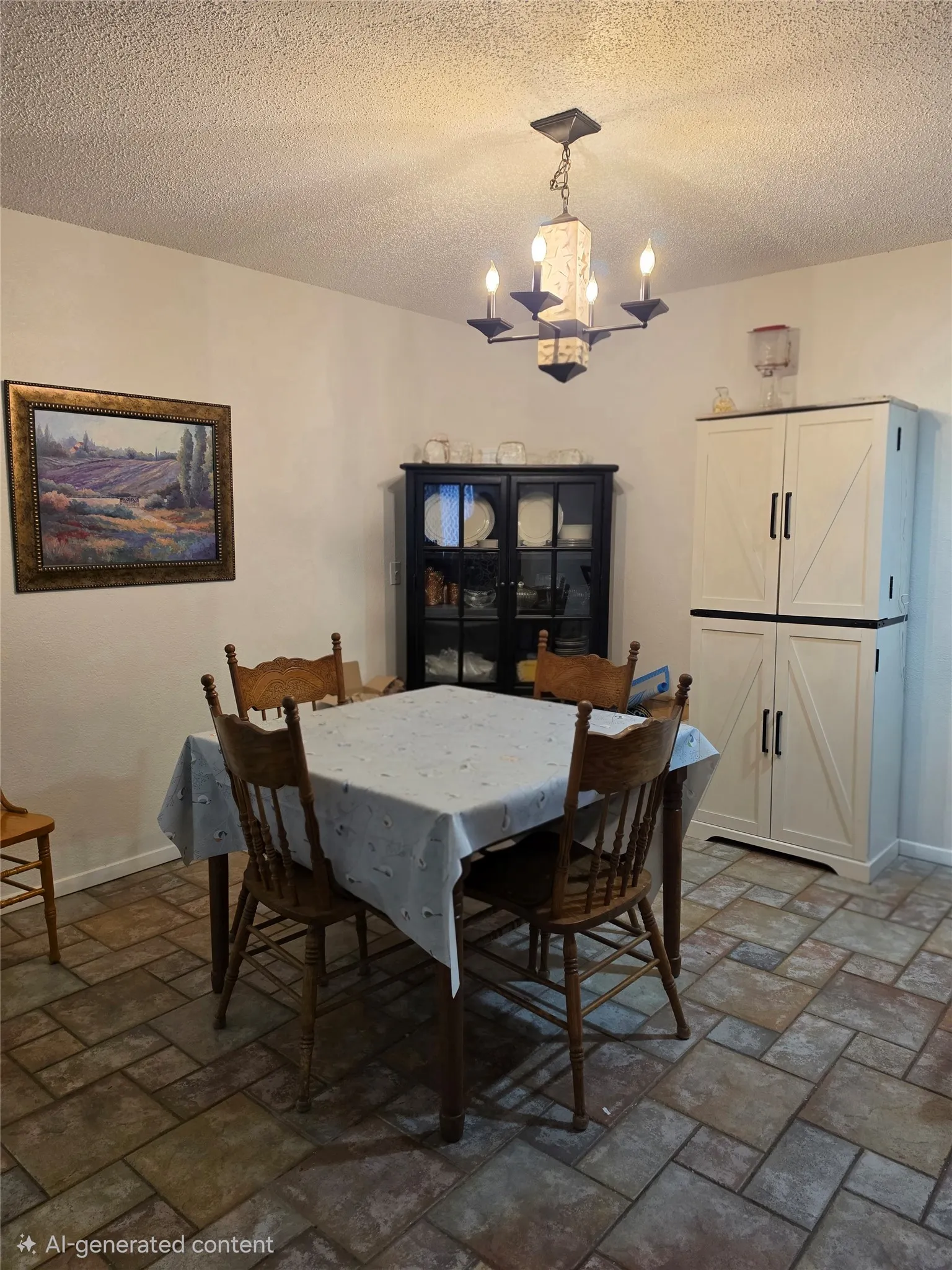 Spacious room featuring mixed-size tile flooring, a prominent ceiling-mounted light fixture, and two substantial built-in storage cabinets