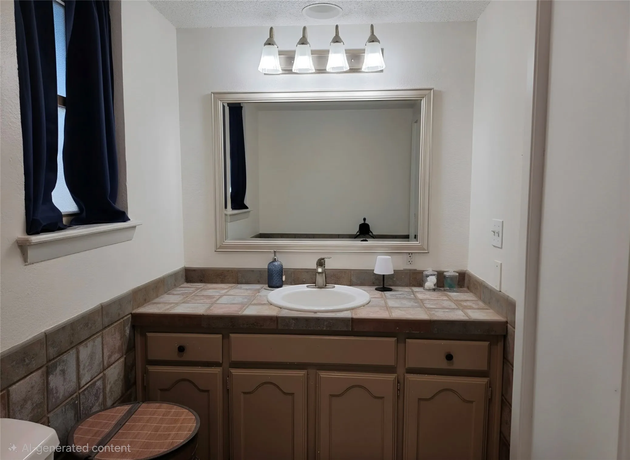 Bathroom vanity featuring a tiled countertop, built-in sink, and framed mirror
