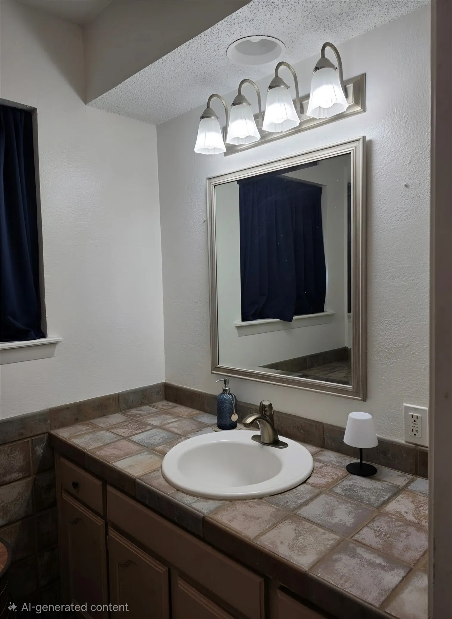 Bathroom vanity featuring a tiled countertop, integrated sink, and brushed nickel faucet