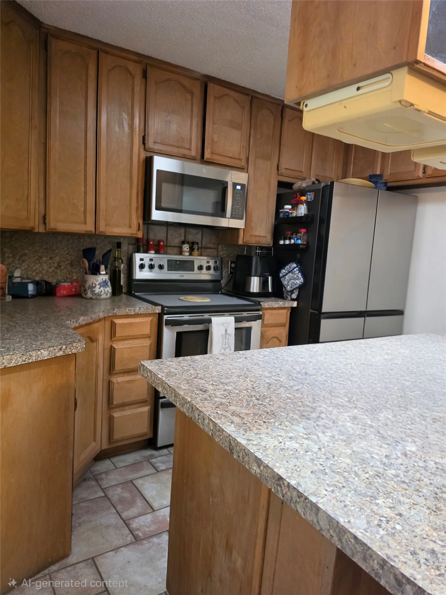 Kitchen featuring wood-finish cabinetry, speckled countertops, and tile flooring