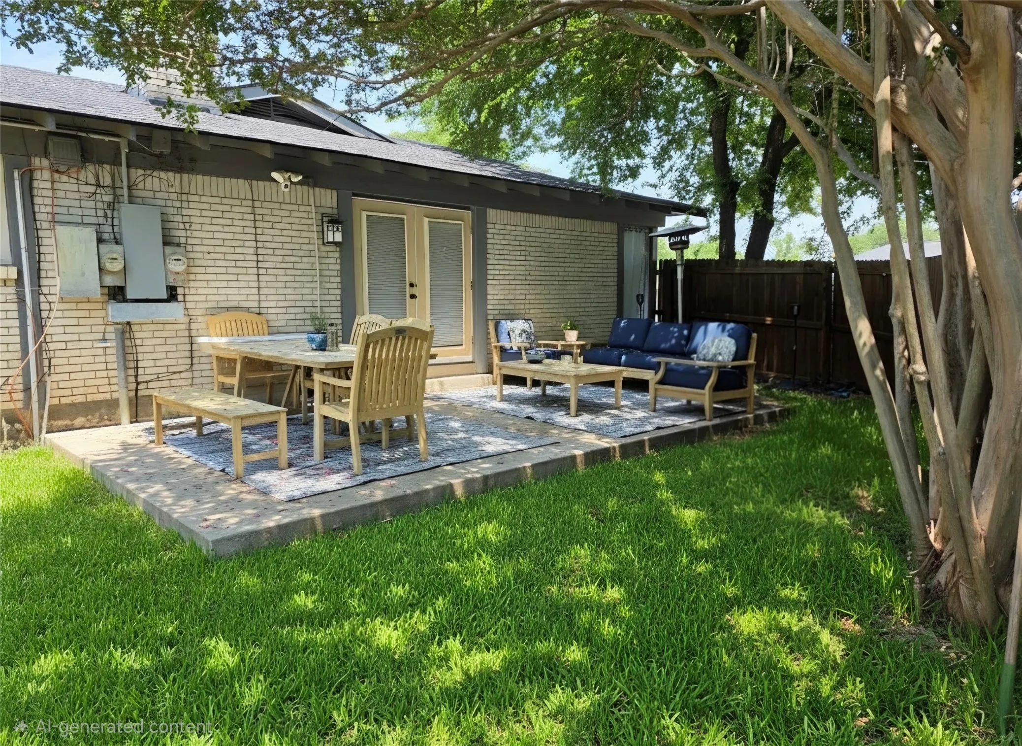 Private concrete patio featuring a brick exterior, double glass doors, a dark wood fence, and a mature tree providing natural shade