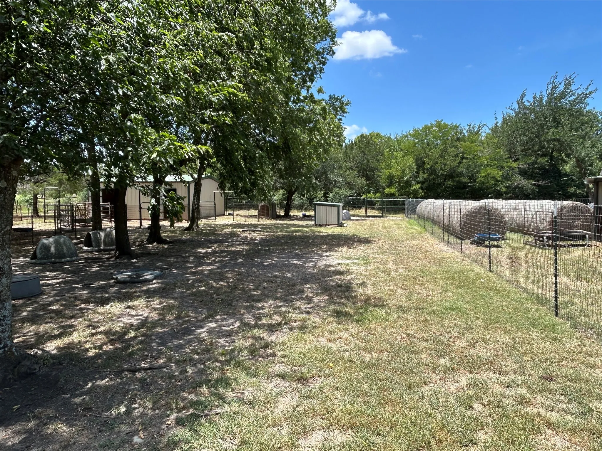 Expansive fenced yard featuring mature trees, a small storage shed, and a secondary structure