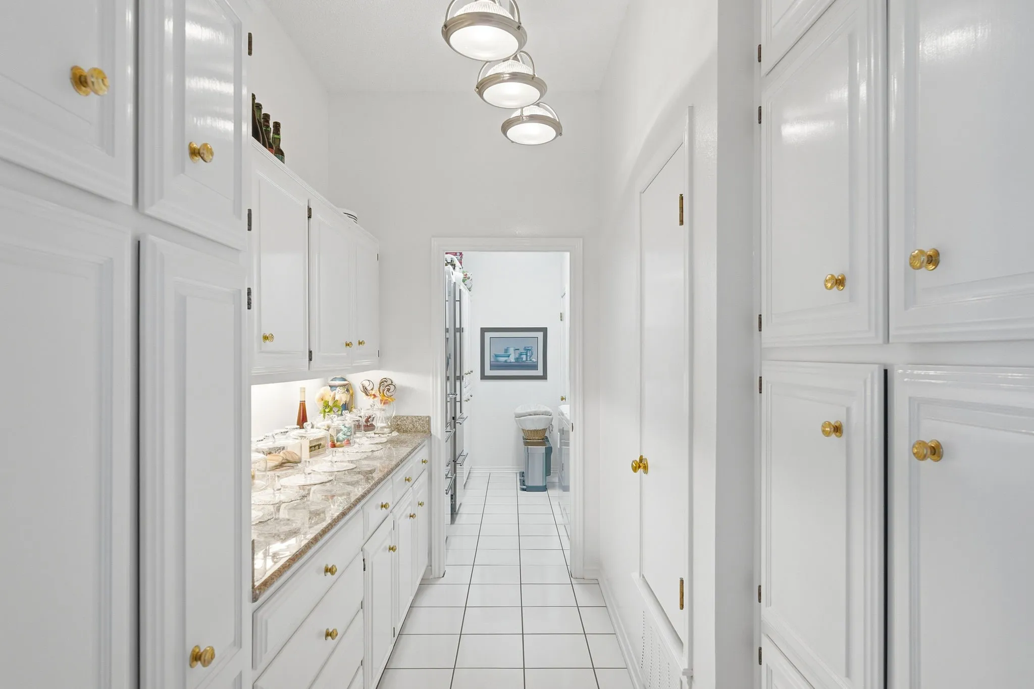 Butler's pantry features outstandingl storage of cabinets and serving area. In the center back is the utility room which holds the 2 refrigerators and washer & dryer.  Lighting is abundant!
