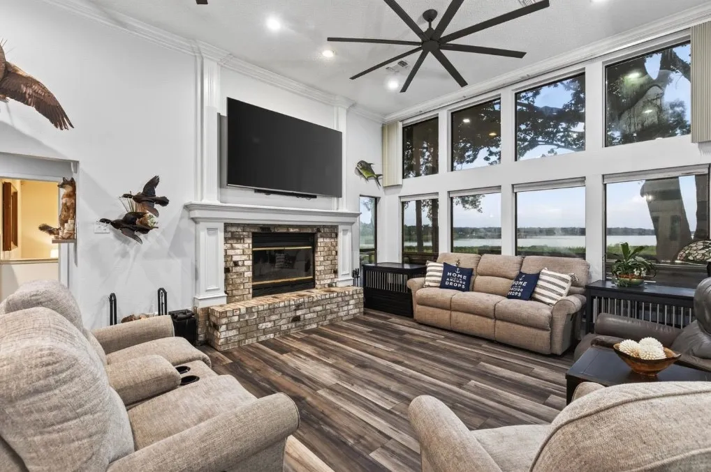 Living room with wood burning fireplace