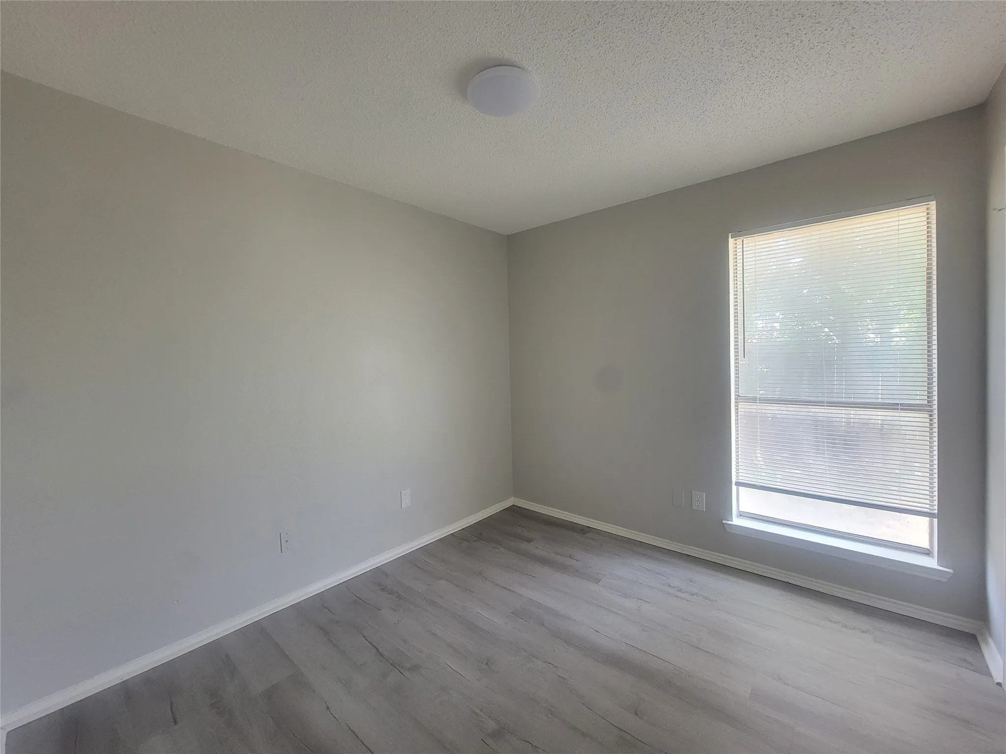Neutral-toned room featuring light wood-finish flooring, a single window with horizontal blinds, and a flush-mount ceiling light fixture