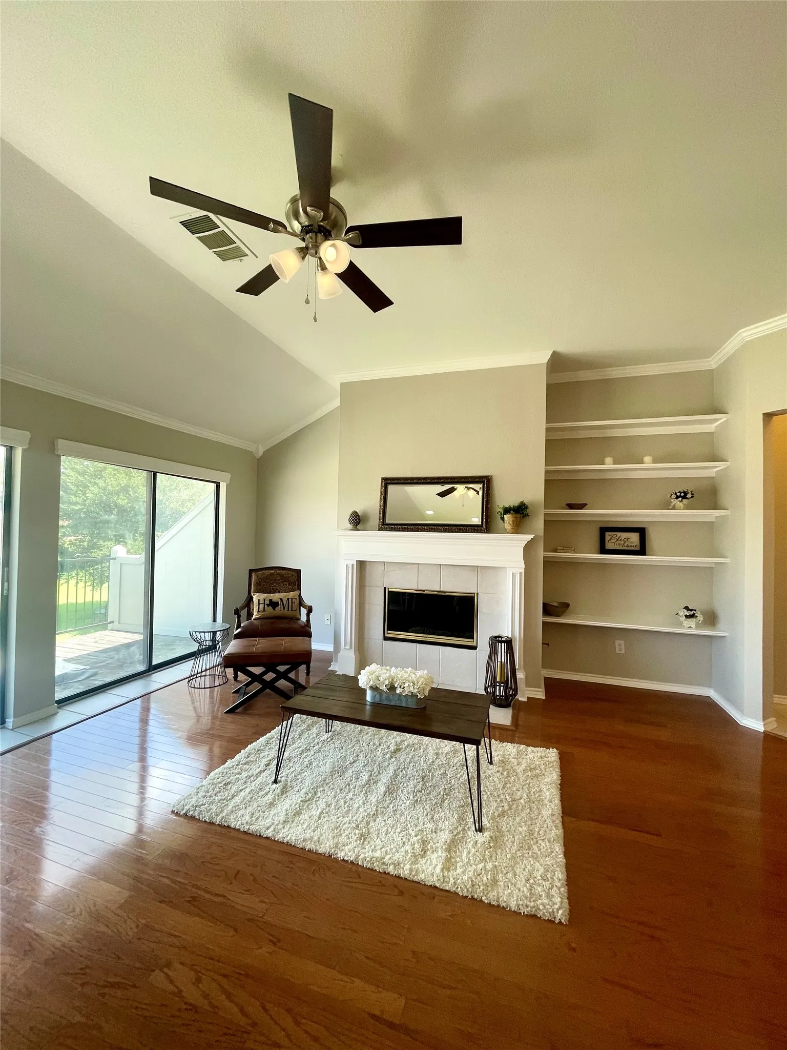 Living room with built in bookshelves