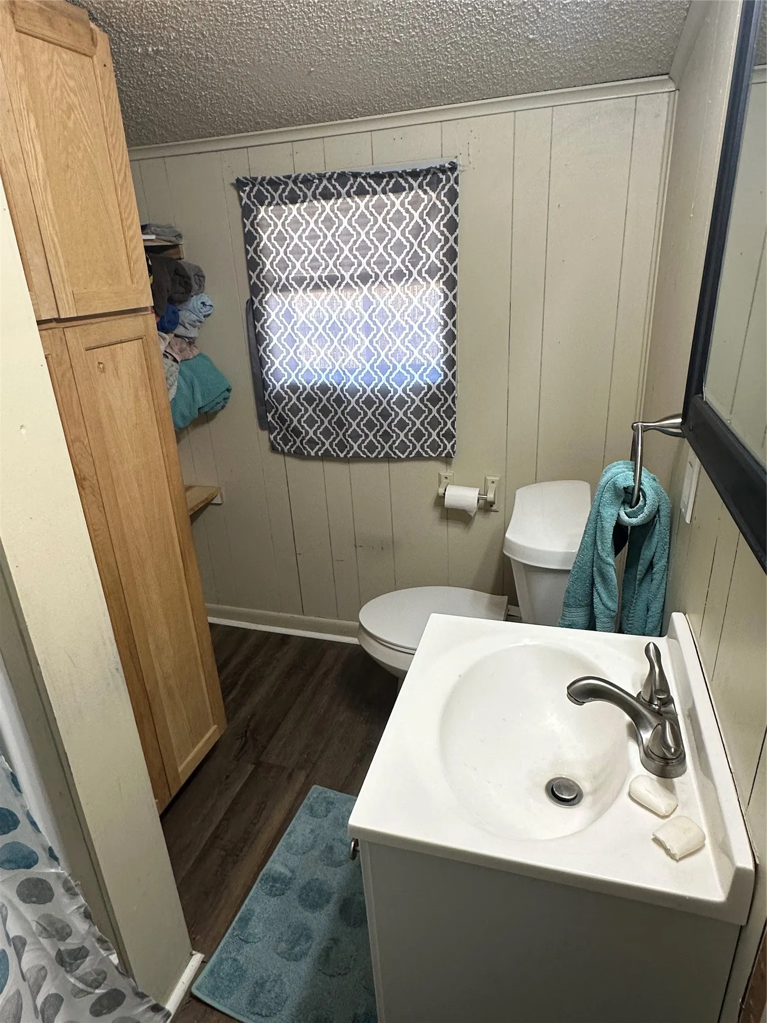 Bathroom featuring wood-finish flooring, a white vanity with an integrated sink, and a toilet