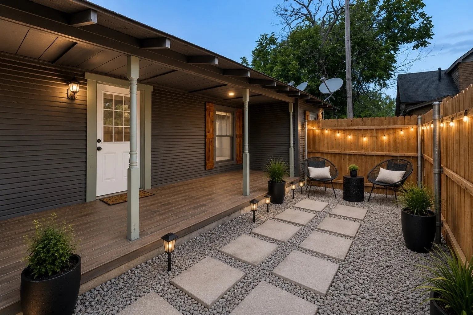 Covered porch with wood-finish decking
AI generated, gravel to be completed