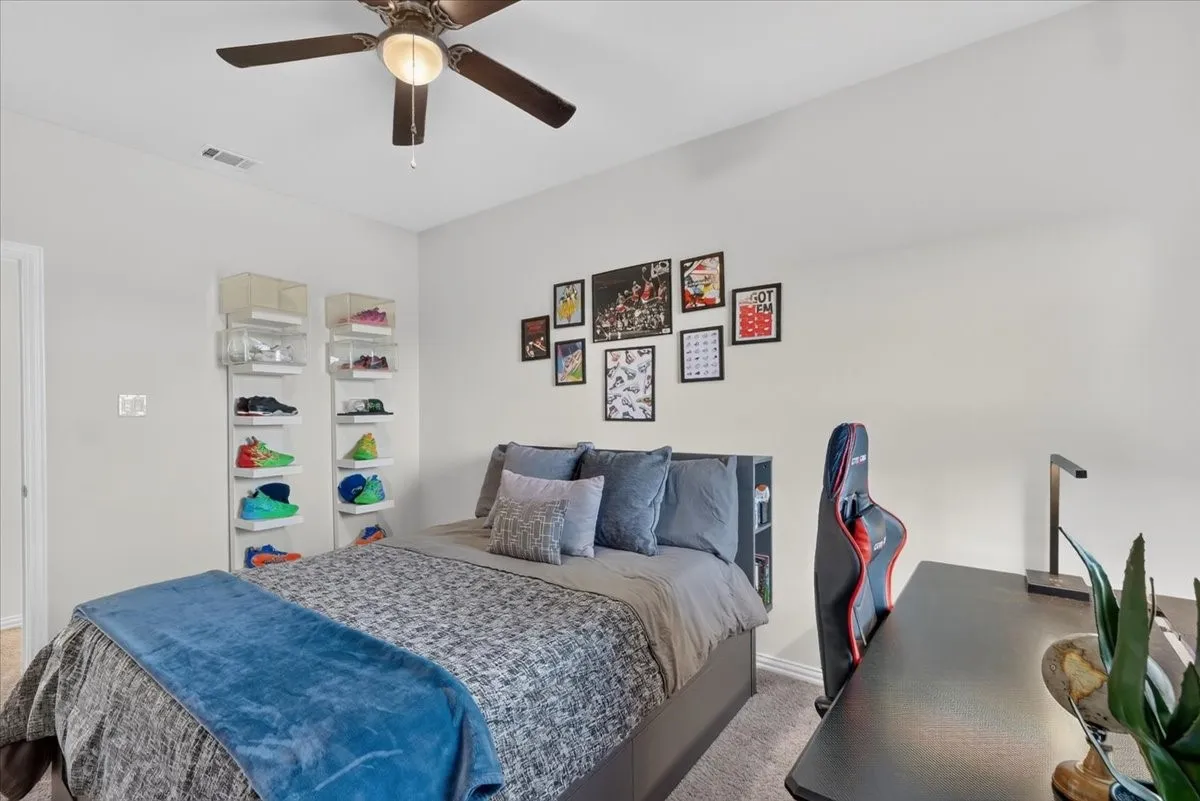 Carpeted room featuring a ceiling fan with integrated lighting, light-toned walls, and a built-in bed frame with open shelving