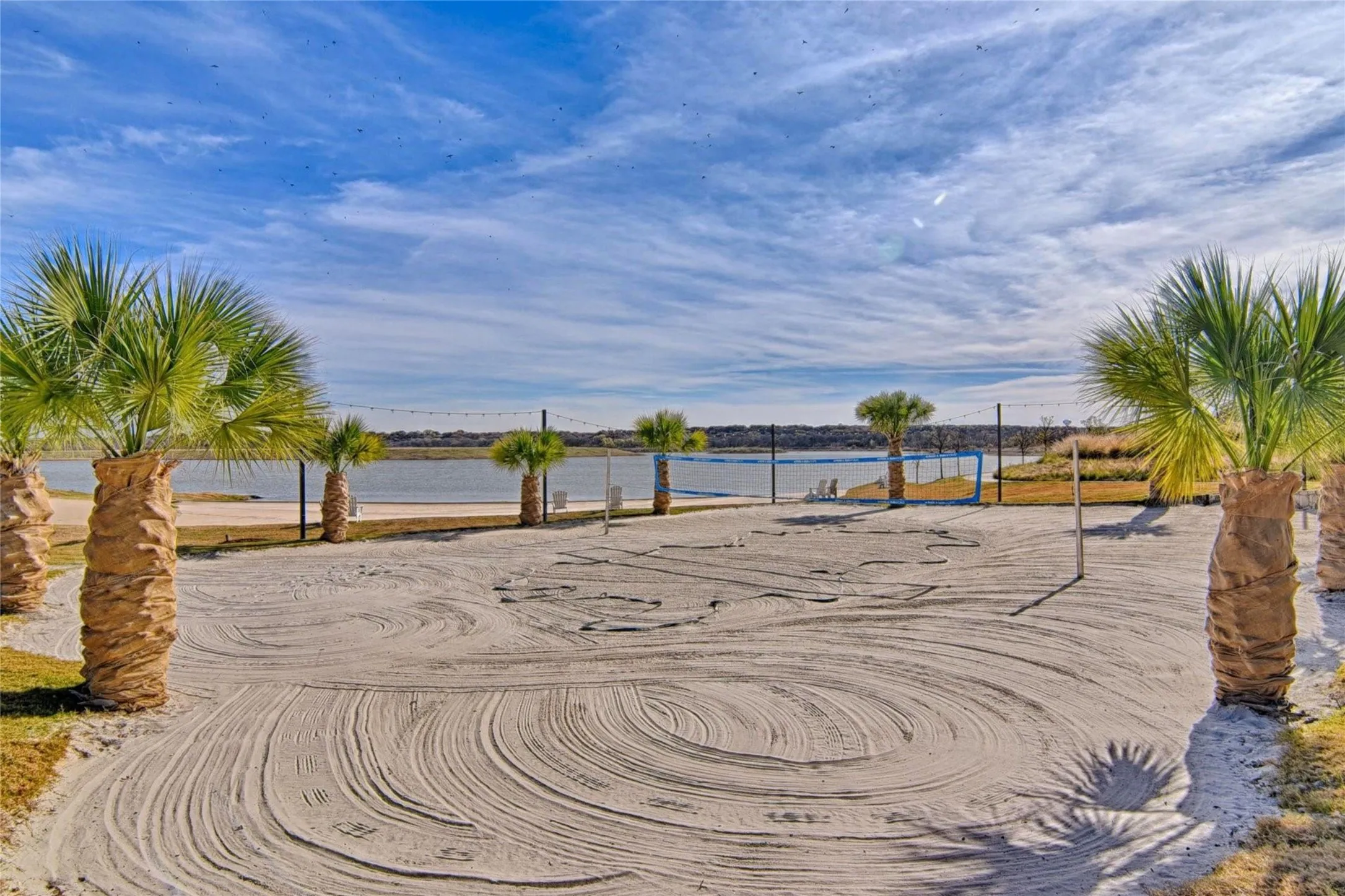 Sandy beach volleyball court featuring multiple palm trees and a water body backdrop