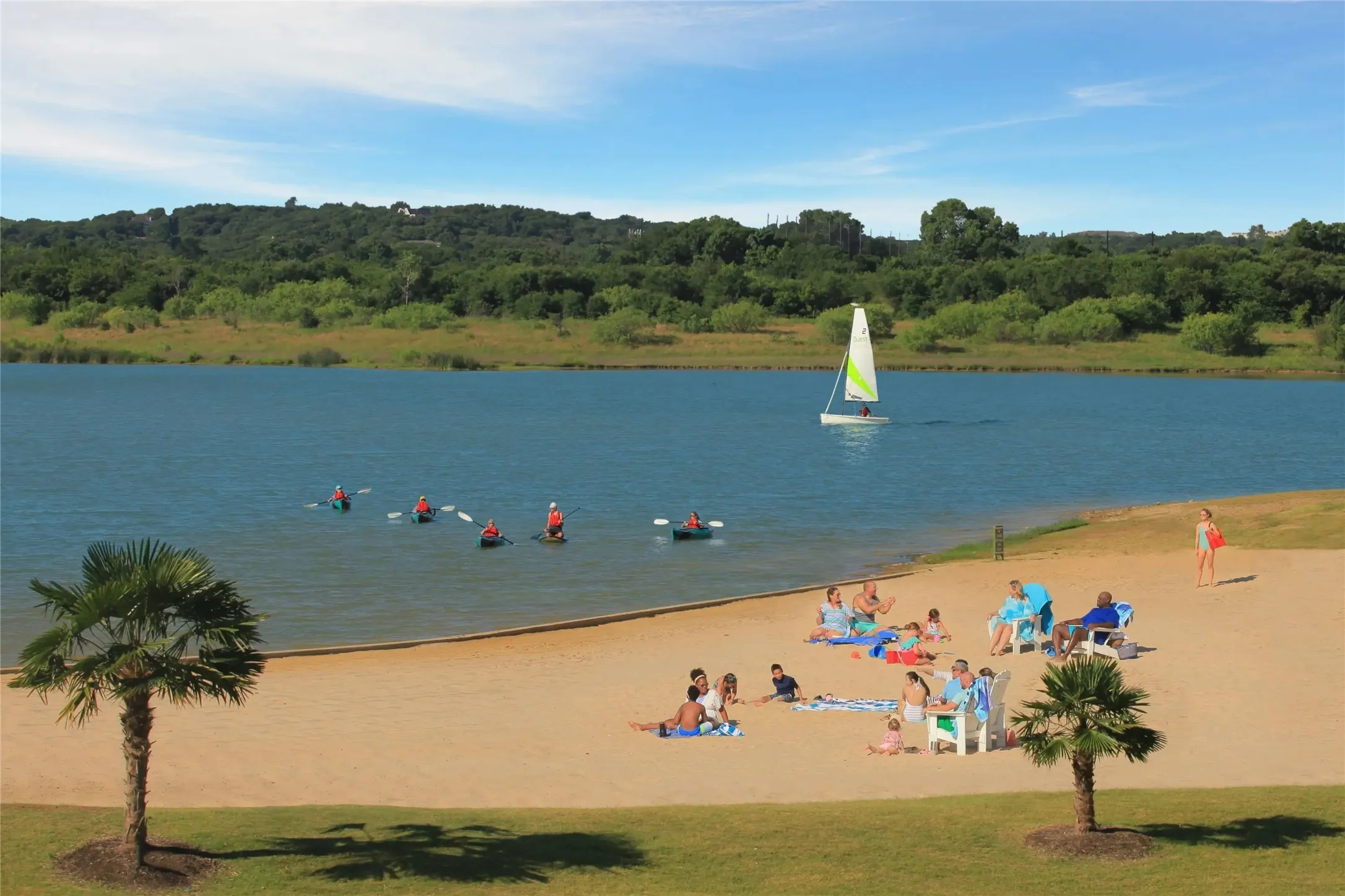 Lakeside beach area featuring sandy shores, palm trees, and clear blue waters