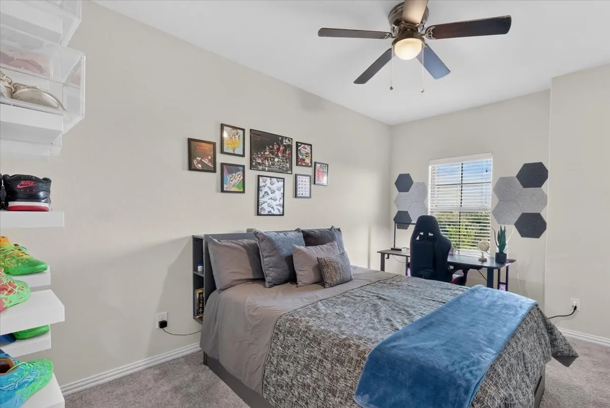 Carpeted bedroom featuring a ceiling fan with integrated lighting, a window with blinds, and white baseboards