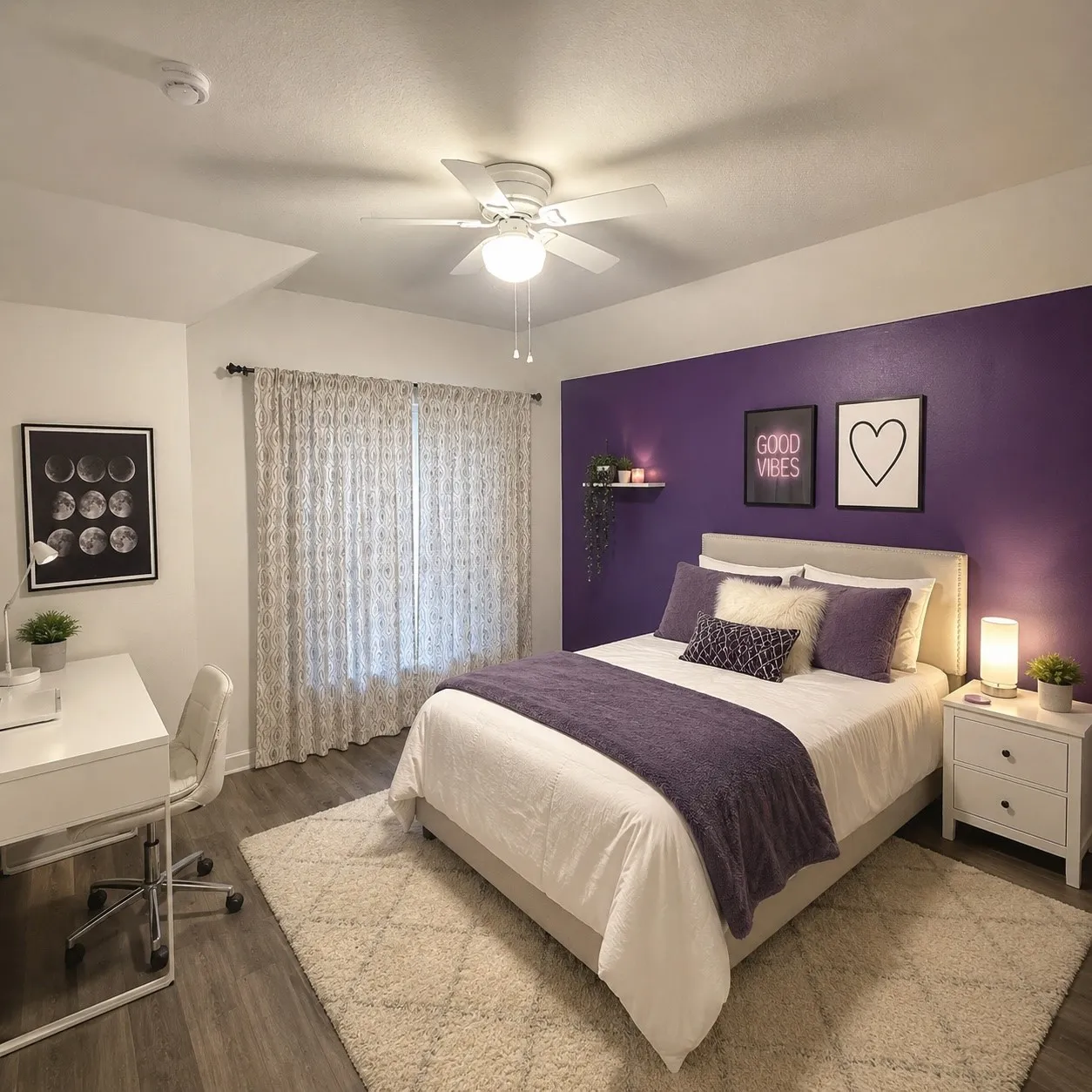 Bedroom featuring wood-finish flooring, a ceiling fan, and a window with curtain rods