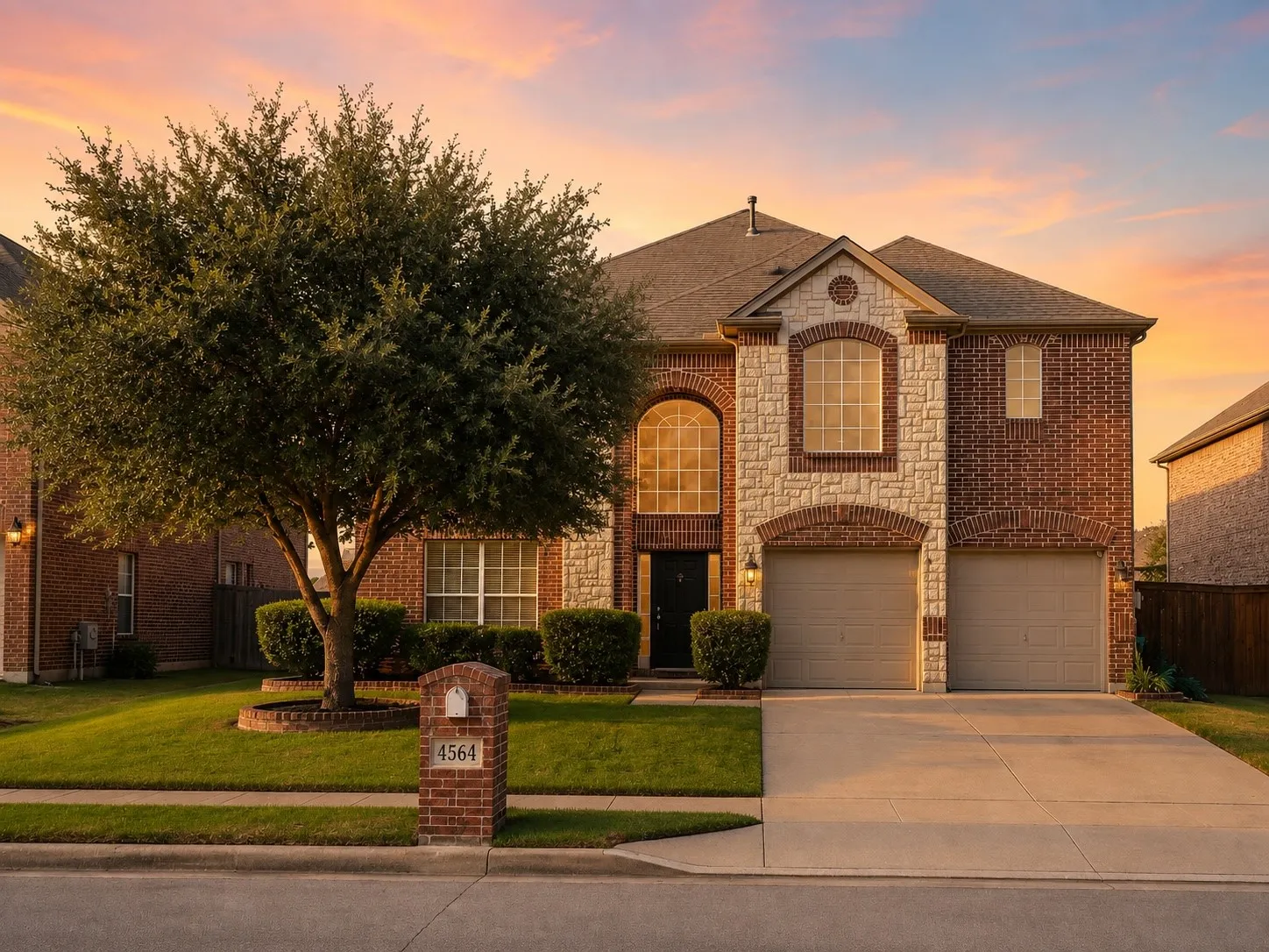 Brick and stone façade with arched windows and entryway, two-car garage, mature front yard tree, and brick mailbox