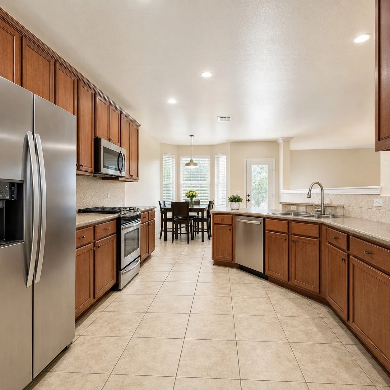 Well-appointed kitchen featuring stainless steel appliances, wood-finish cabinetry, tile flooring, and recessed lighting