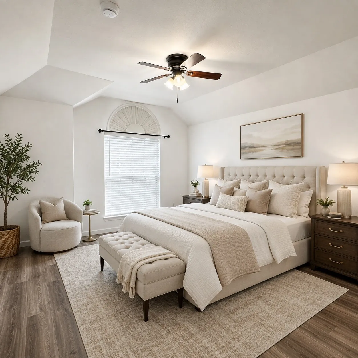 Vaulted ceilings featuring a ceiling fan with integrated lighting