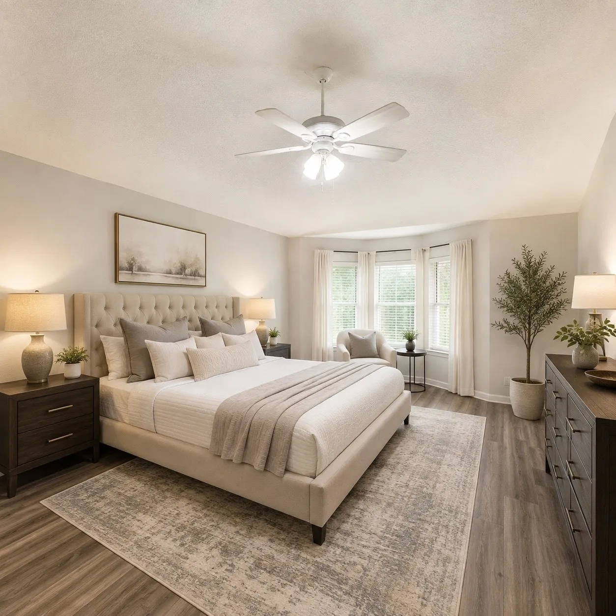 Spacious room featuring wood-finish flooring, a ceiling fan with integrated lighting, and a bay window