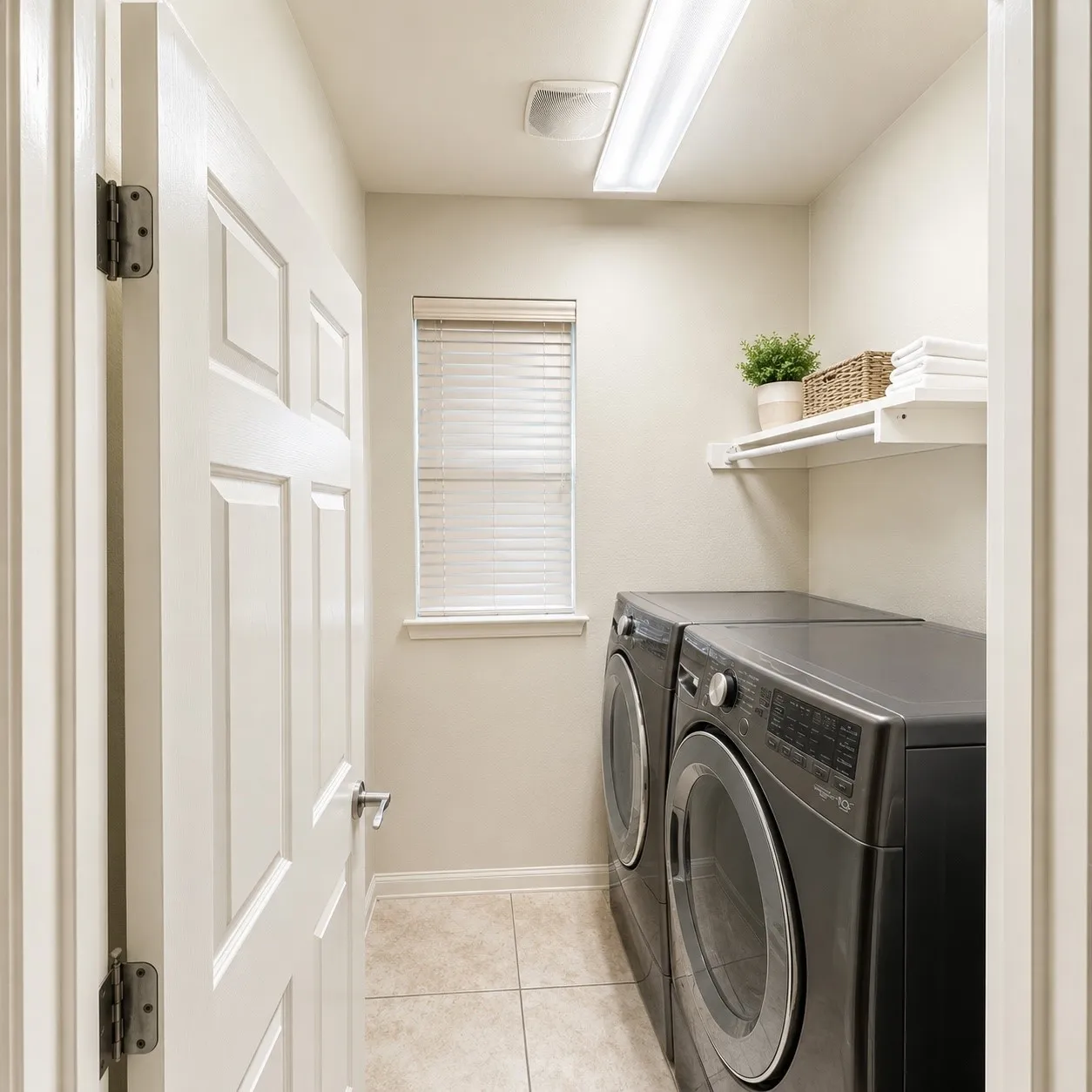 Dedicated laundry space featuring neutral wall tones and square tile flooring
