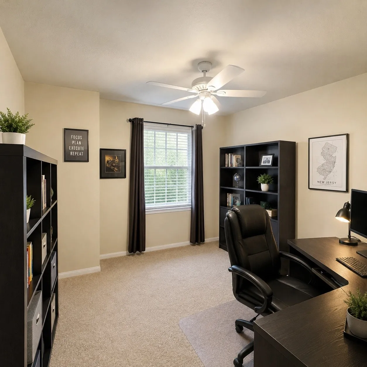 Carpeted room featuring a window with blinds, a ceiling fan with integrated lighting, and neutral-toned walls