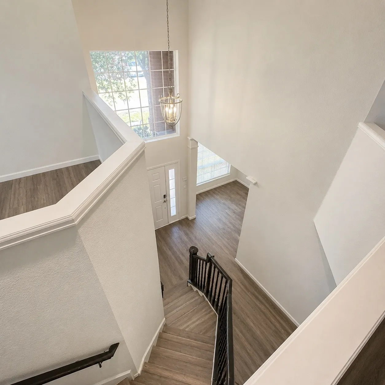 Two-story foyer featuring a double entry door with sidelights, a large transom window, a suspended chandelier, and wood-finish flooring
