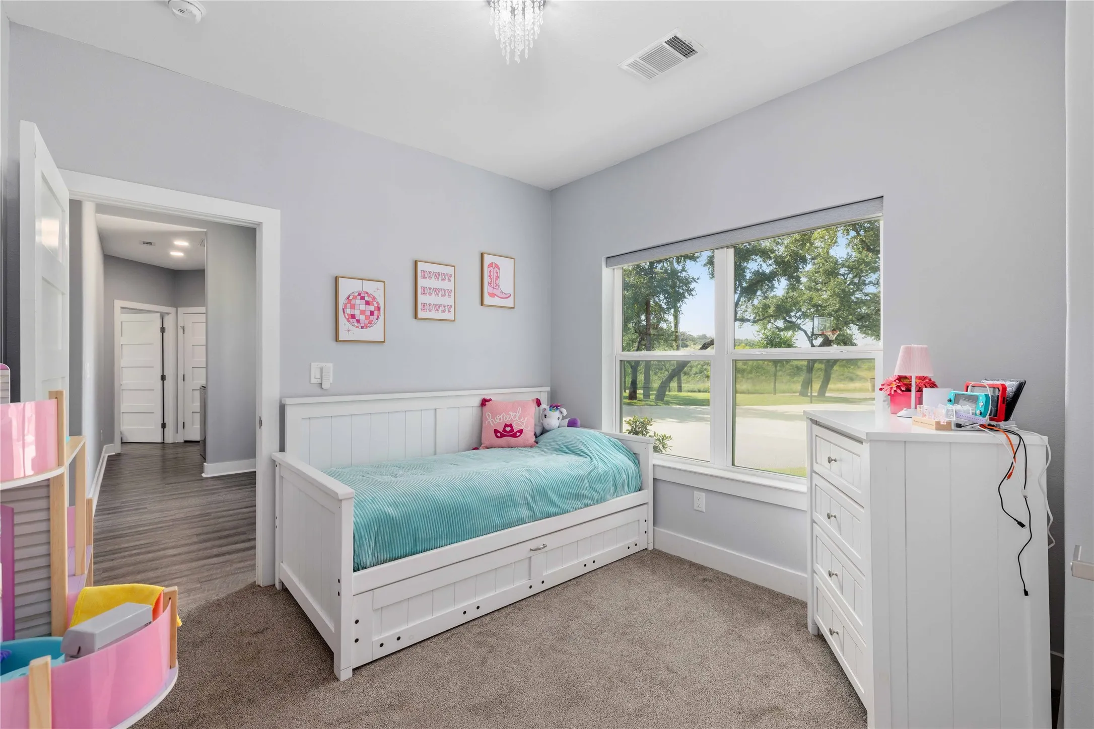 Spacious room featuring light gray walls, plush carpet, a large window with exterior views, a contemporary ceiling light fixture, and white trim
