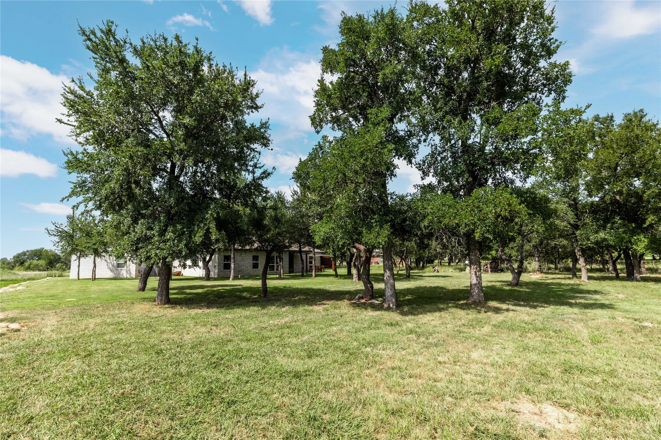 Expansive grassy lot featuring mature trees providing ample shade