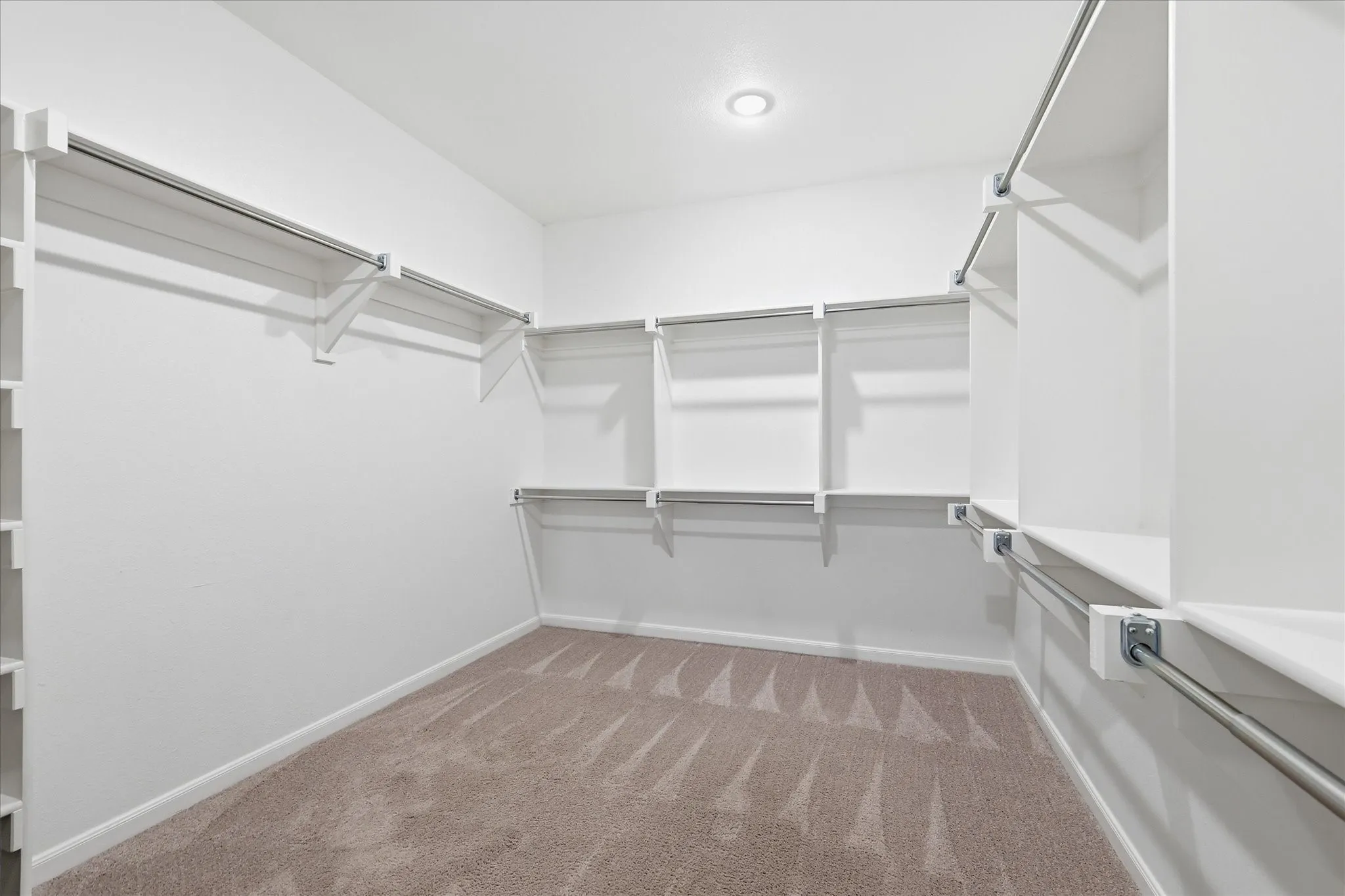 Integrated shelving and hanging rods, recessed ceiling lighting, and light-colored carpeting
