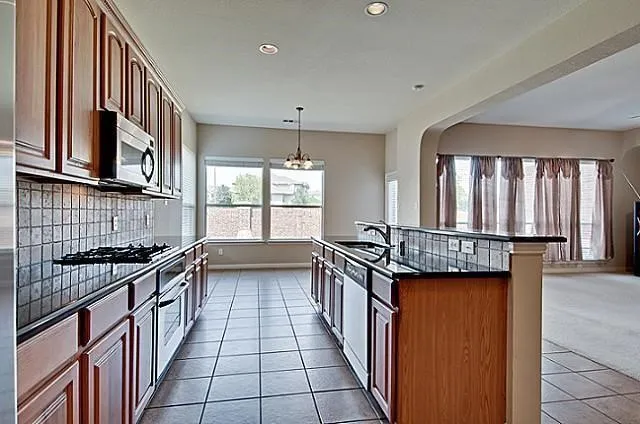 Kitchen featuring wood cabinetry, stainless steel appliances, dark countertops, and a tiled backsplash