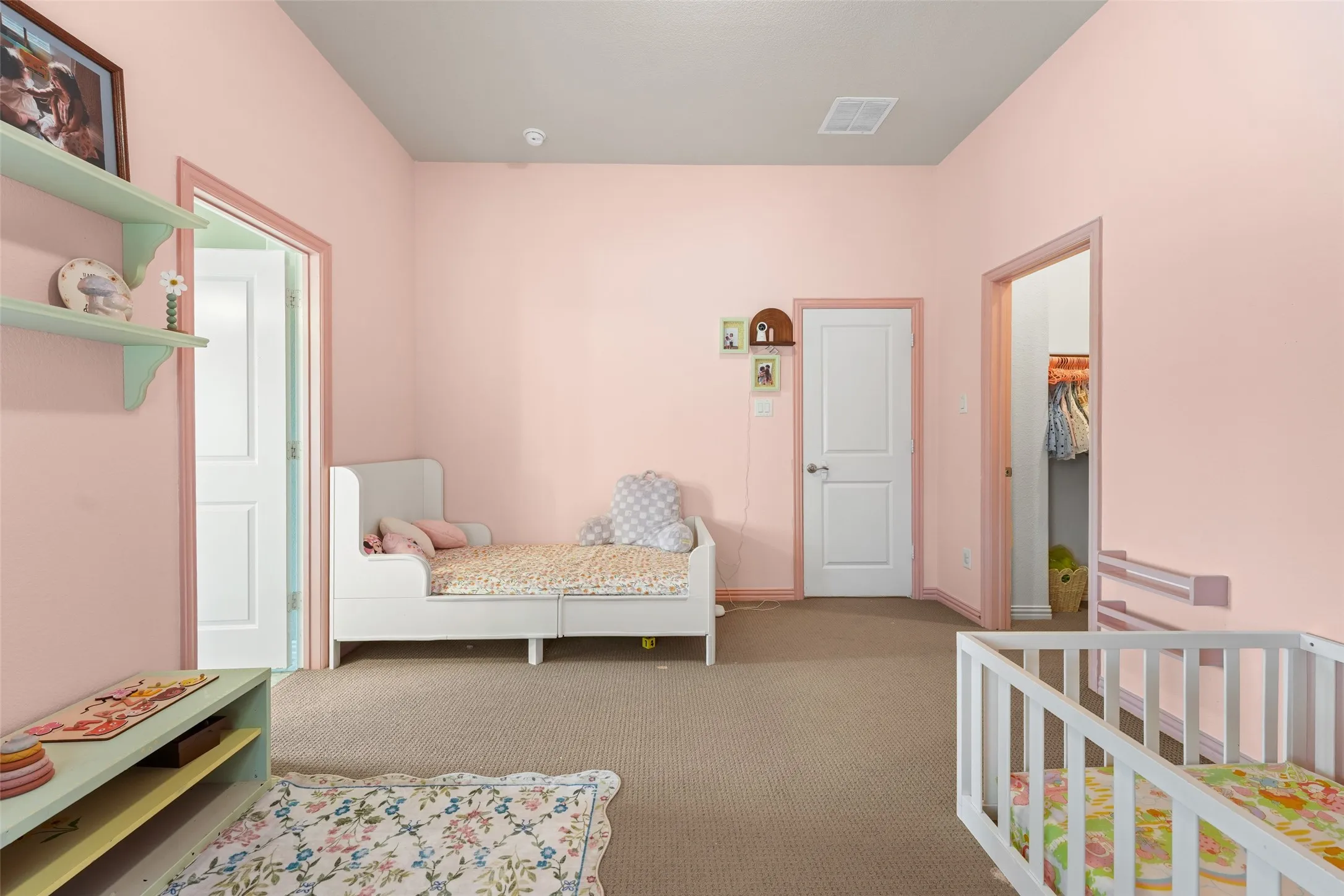 Carpeted room with a single door featuring white panels and a silver-tone knob, light pink wall paint, and matching light pink trim