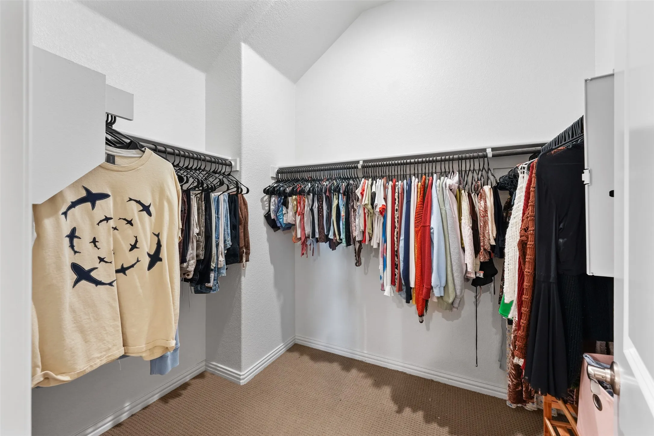 Spacious walk-in closet featuring vaulted ceilings, ample hanging rods, and neutral-toned carpeting