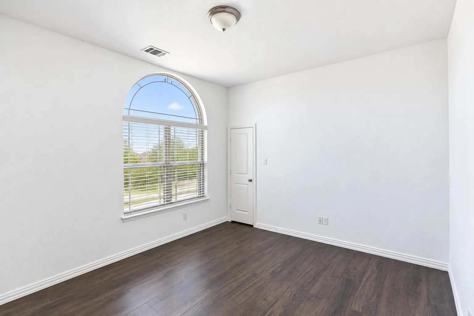 Arch-top window with blinds, wood-finish flooring, white walls, and a ceiling-mounted light fixture