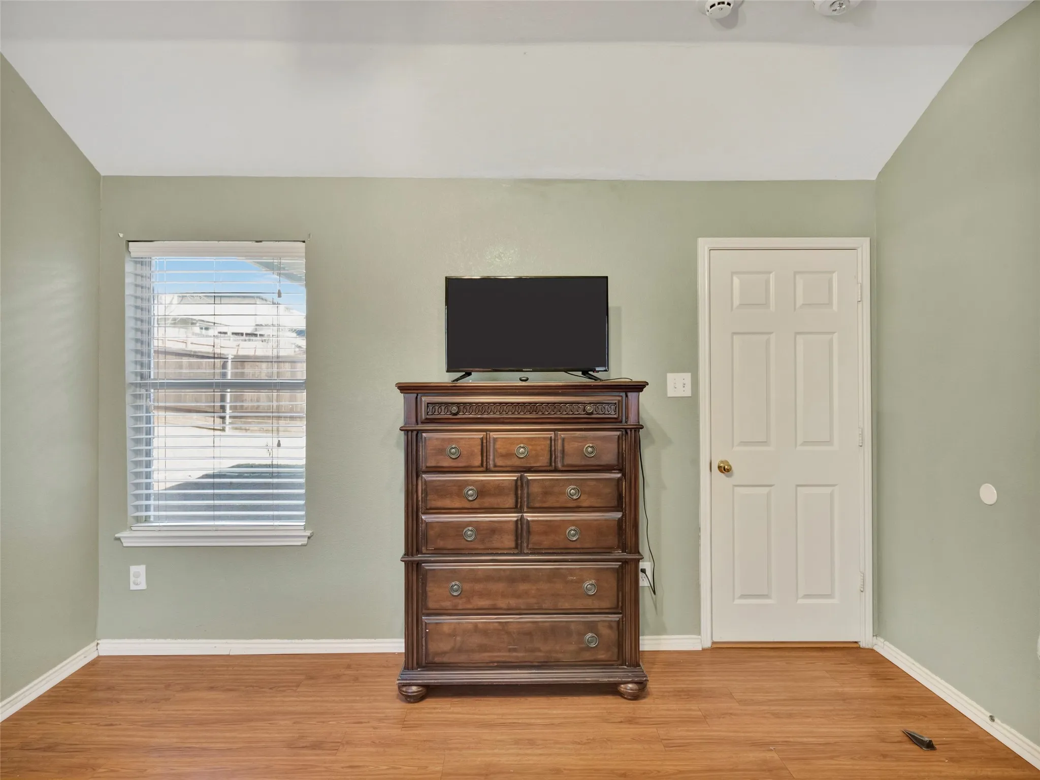 Wood-finish flooring with light green wall paint, a white four-panel door, and a single window with horizontal blinds