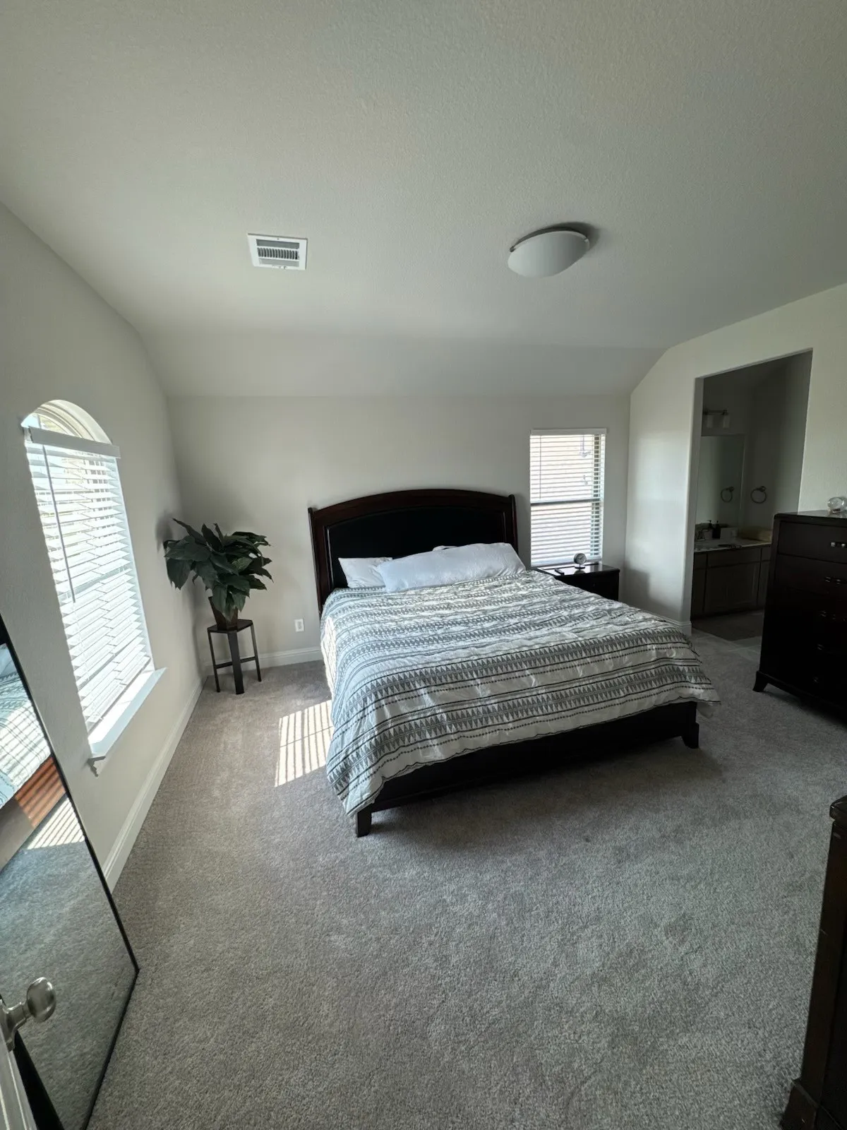 Carpeted bedroom featuring multiple windows with blinds, a dark wood headboard, and an overhead flush-mount light fixture