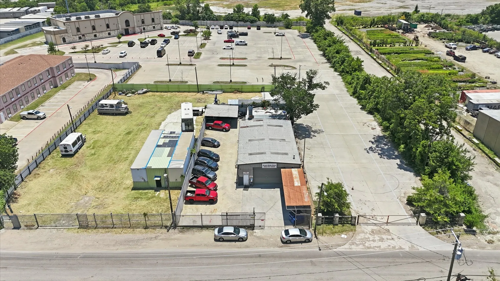 Expansive paved lot with multiple access points