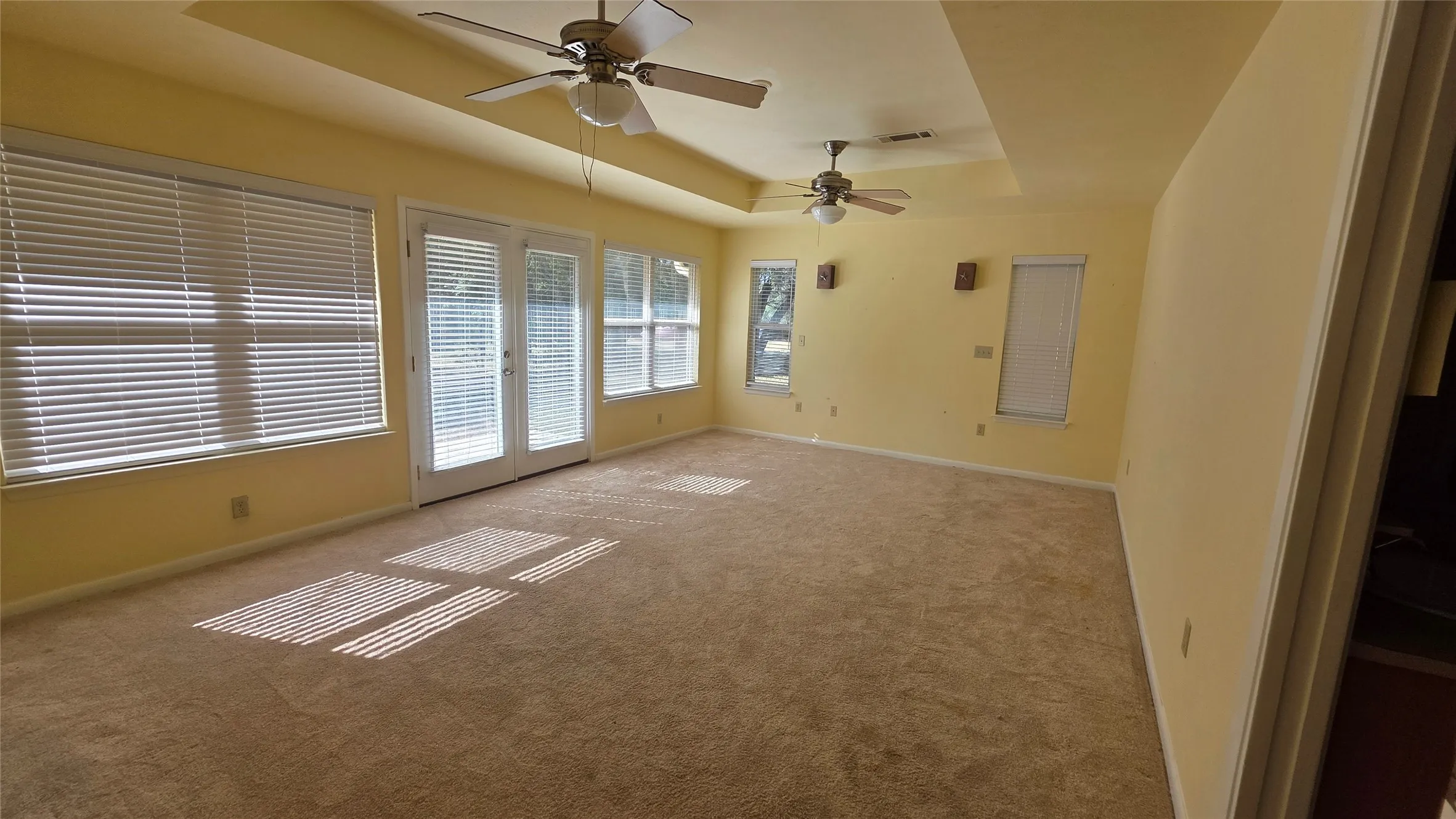 Expansive room featuring tray ceilings with dual ceiling fans, light-toned carpeting, and a soft yellow wall color