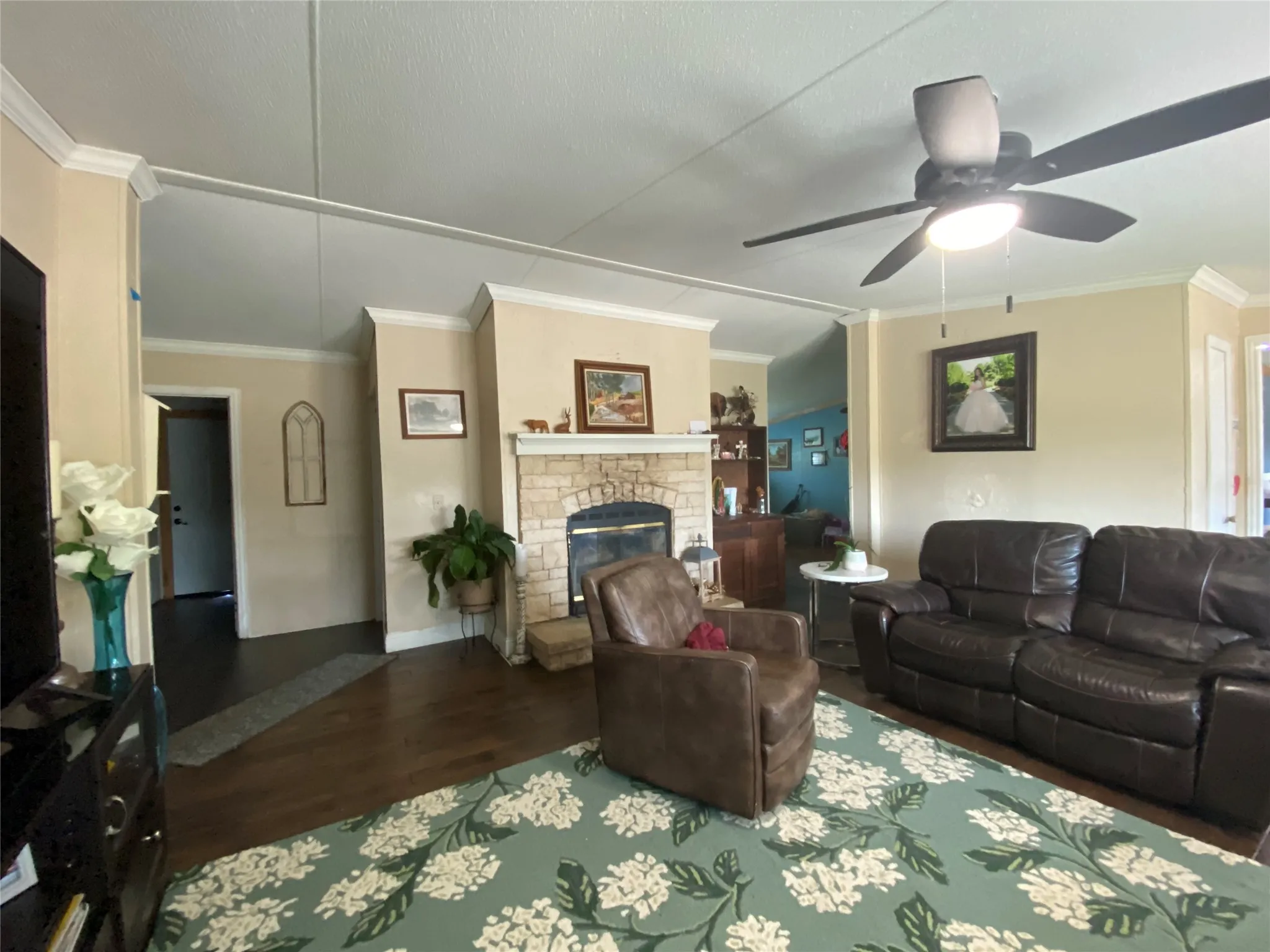 Living room with ornamental molding, dark wood-type flooring, a fireplace, and a ceiling fan