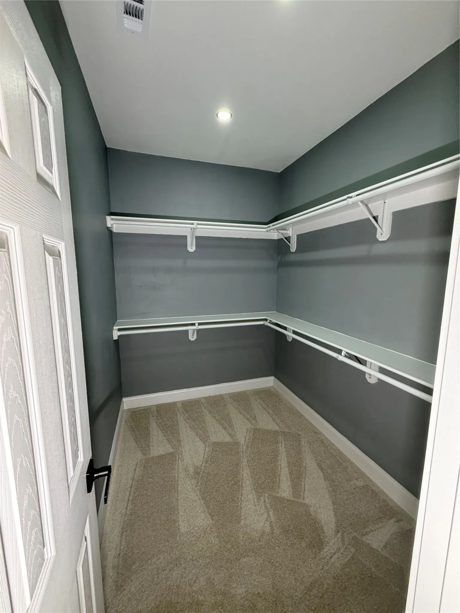 Walk-in closet with neutral-toned carpeting, ample shelving and hanging rods, recessed ceiling lighting, and a crisp white trim
