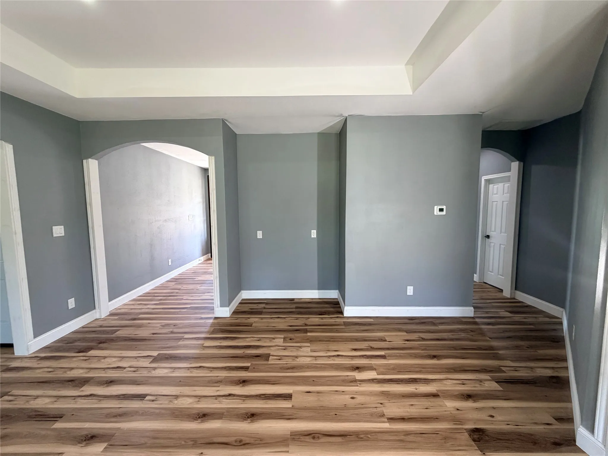 Expansive living area featuring tray ceilings, wood-finish flooring, and arched doorways with white trim
