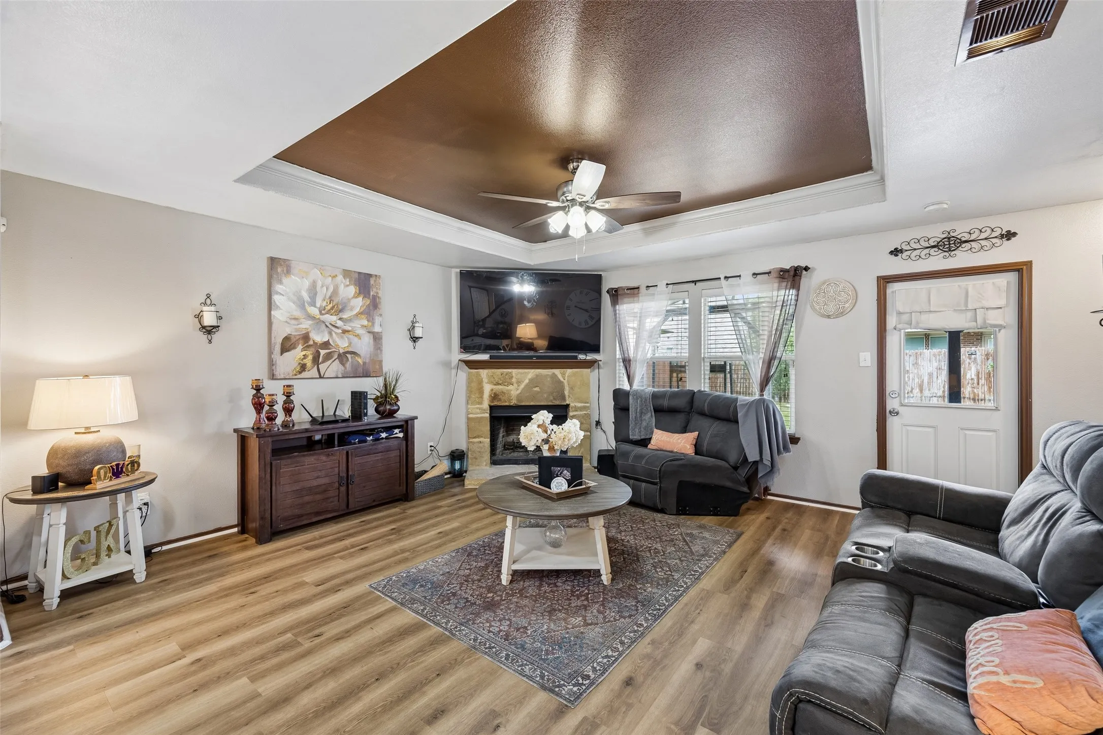 Living room with Stunning Inlaid Ceiling
