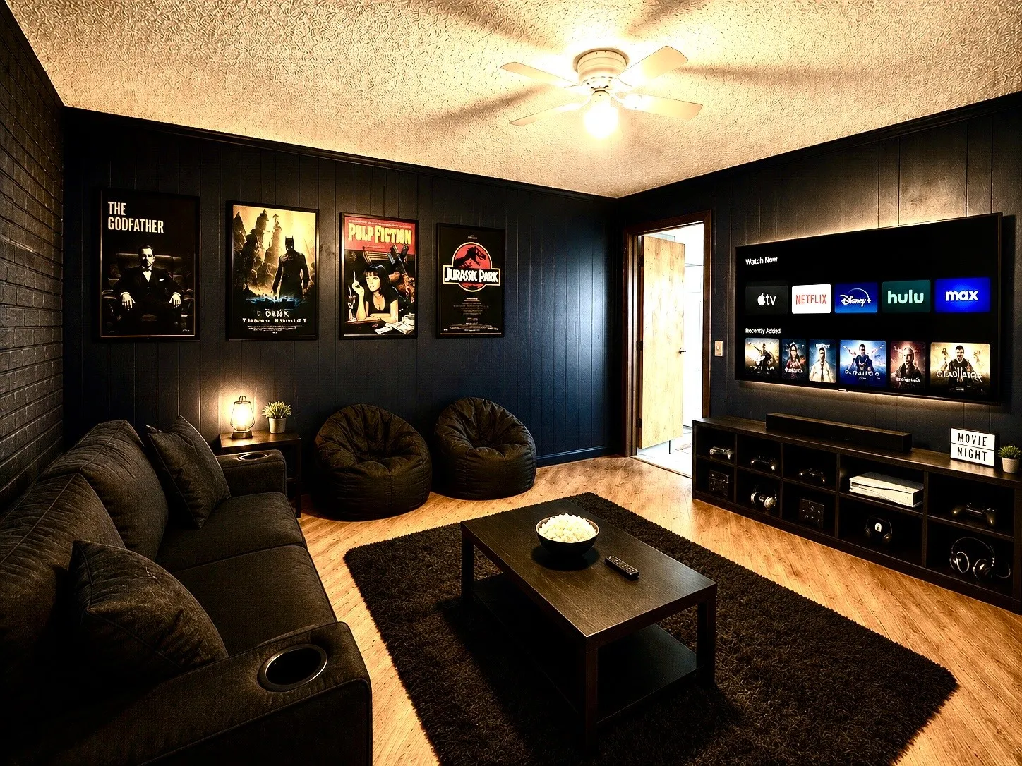 Virtually staged  image shows a central media room