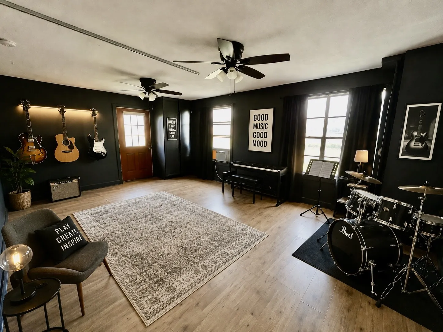 Virtually staged  Inspo photo shows the rear great room as a music room.