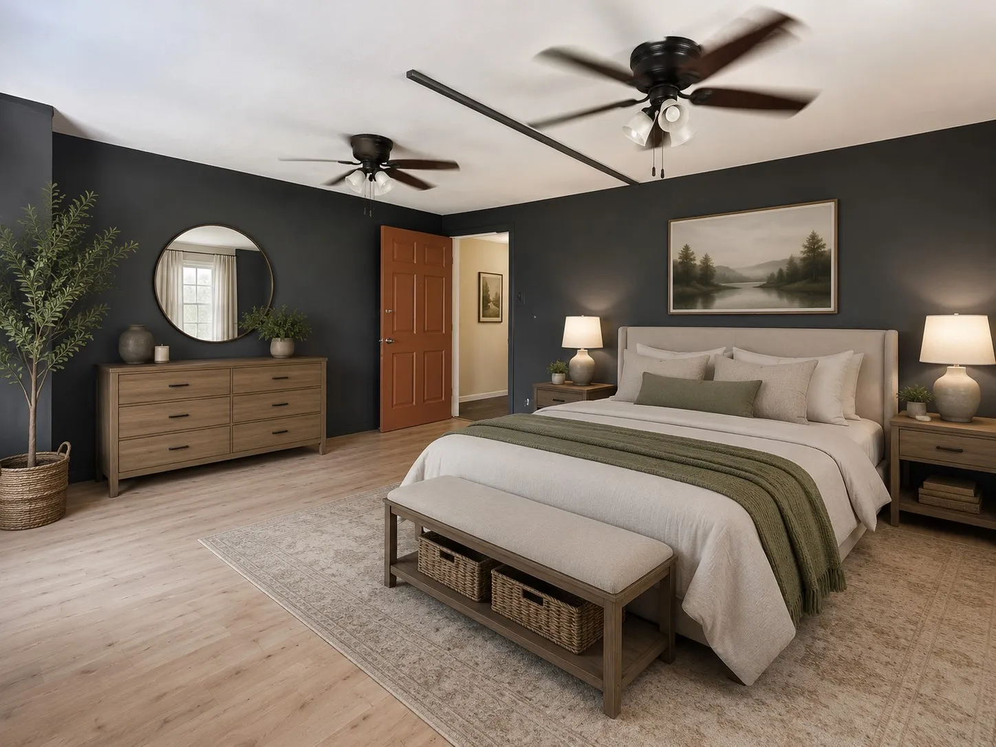 Virtually staged  Inspiration Photo shows the rear great room as a primary bedroom suite.