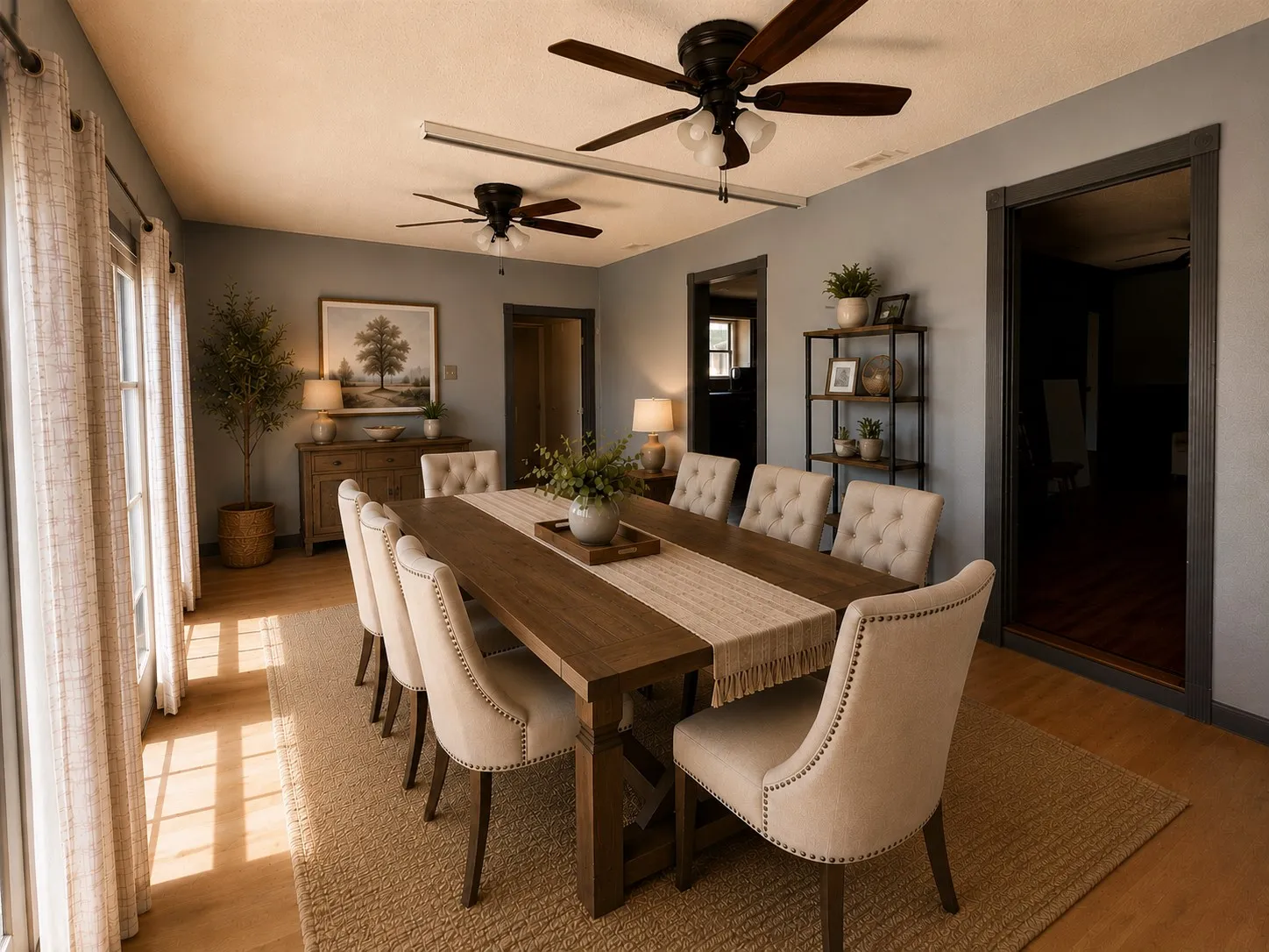 Virtually staged inspiration photo showing the arches room as a formal dining area.