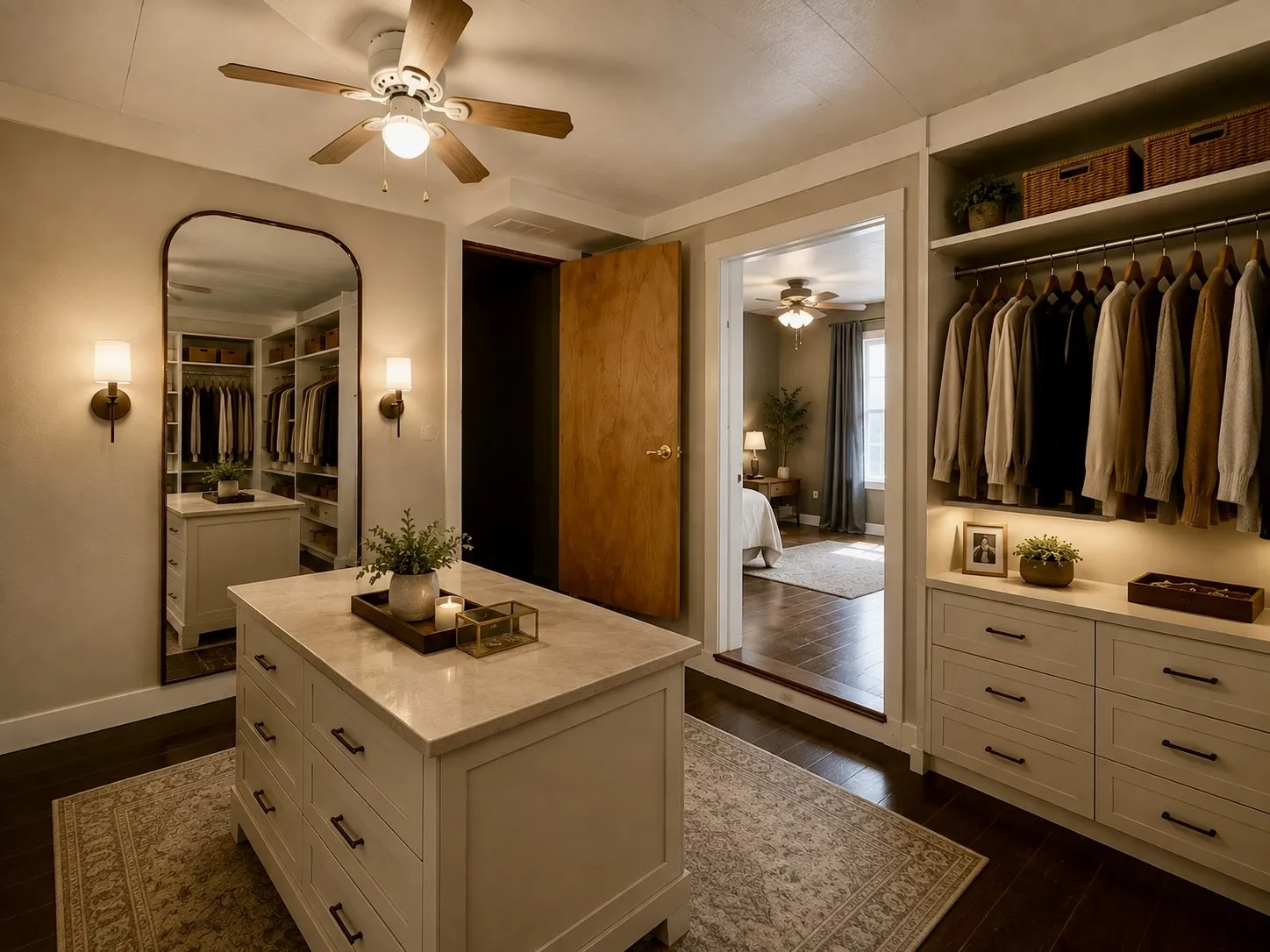 Virtually staged  image shows bedroom converted to a walk-in closet with vanity island