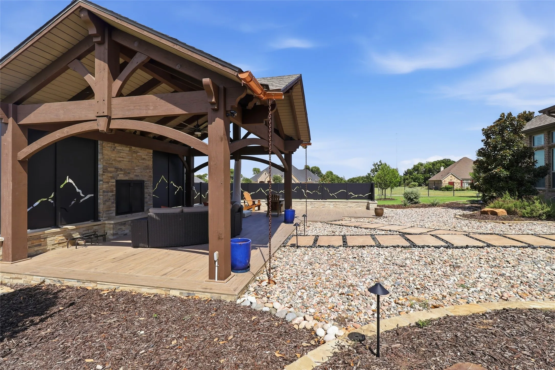 Truly a custom pavilion with copper gutters and chain downspouts.  How much fun can this be for entertaining?!!